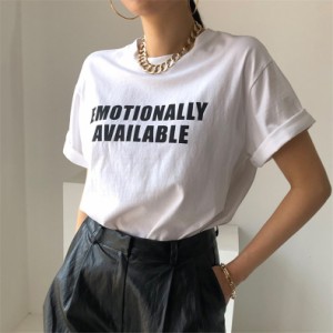 Tシャツ レディース 英字柄 トップス ゆったり カジュアル トップス 半袖 Uネック 綿オシャレ リラックス感のあるワイドシルエット