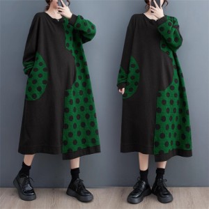 人気ワンピース レディース 秋服 丸首 Aライン カットソー 切替でスタイルアップ ドット柄 長袖 さりげなく体型カバー 着痩せ効果もプラ