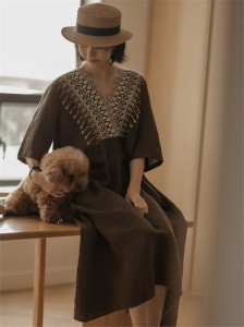 夏ワンピース 刺繍 レディース ロング丈 五分袖 Vネック 綿100％ 大きいサイズ カフタンワンピース ちょっぴりレトロ感がある 大人ムード