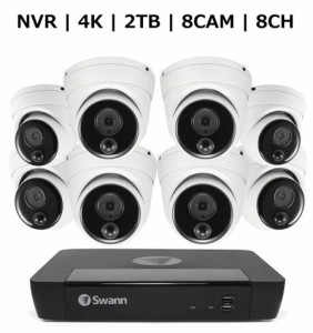 Swann 8CH 4K NVRシステム 2TB 4K 顔認識 ドームカメラ 8台セット 防犯 監視 カメラ 赤外線暗視機能 熱感知 センサー 警告 防水 会社 オ