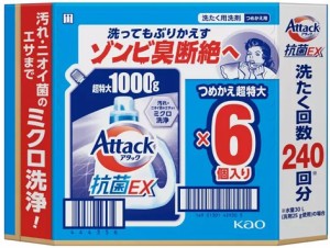 【6000g】アタック抗菌EX 洗濯洗剤　詰替え 1000g x 6 個入り 臭断絶 汚れ ニオイ菌 浸透抗菌 抗ウイルス 洗たく槽の防カビ すすぎ1回 つ