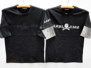 BE AMBITION   スカルパイソン柄 レイヤード５分袖VネックTシャツ　ビーアンビション