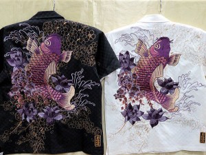 絡繰魂・粋　カラクリ魂　和柄　　アロハシャツ ブロックジャガード　昇り紫鯉刺繍　KARAKURI