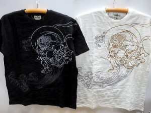 絡繰魂   風神雷神刺繍　迷彩ジャガード　半袖Tシャツ