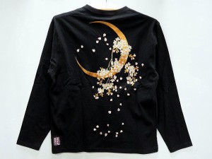 絡繰魂 和柄　桜月夜刺繍 Vネック長袖Tシャツ　カラクリ魂