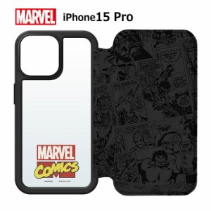 メール便 iPhone15pro マーベル クリア ガラス フリップ ケース 手帳型 クリアケース カバー PUレザー カード収納 ポケット MARVEL ロゴ 