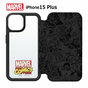 メール便 iPhone15Plus マーベル クリア ガラス フリップ ケース 手帳型 クリアケース カバー PUレザー カード収納 ポケット MARVEL ロゴ