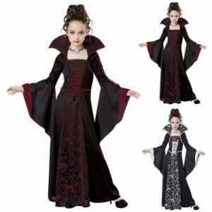 新作ハロウィン 子供服 魔女服 中世レトロ系 スタンドカラーフレアスリーブプリントロングスカート