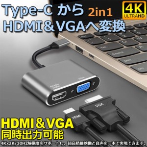 USB Type C to HDMI VGA アダプター 2in1 HDMI VGA同時出力 高速転送 USB-C Thunderbolt 3対応 Type-C to HDMI 4Kx2K/30Hz+ VGAアダプタ