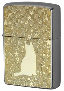 Zippo ジッポライター ネコ 猫 Cat 花 ゴールドプレート ＃200 メタルプレート 両面加工 ニッケルメッキ 2MP-ネコと花 プレゼント 贈り物