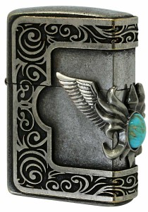 Zippo ジッポライター ターコイズ 天然石 ウイング 羽 3面連続メタル 古美バレル STONE WING METASL Turquoise ＃200FB 古美バレル プレ