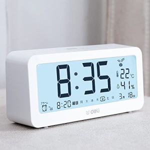 Deli 電波目覚まし時計 メーカー2年 大きな文字 明るいLCDバックライト 温度計・湿度計付き 目覚まし時間設定 置き時計 電波時計 (14
