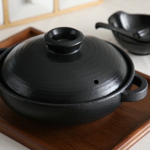 [商品レビューでポイント5％還元] 日常茶飯器 黒 7.5号 持ち手あり 浅型土鍋 24cm すき焼き鍋  宝楽焼き 陶器 萬古焼＜京都匙亀＞