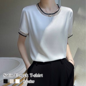 Tシャツ レディース VネックサテンTシャツ 50代 かわいい シャツ 春 秋 30代 夏 白 40代 綿 おしゃれ 半袖 人気 スポーツ 20代 七分袖 ブ