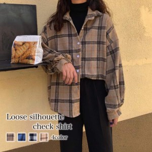 シャツ レディース ルーズシルエットチェックシャツ 冬 カットソー 厚手 かわいい ブラウス Tシャツ ゆったり 暖かい ブランド トップス 