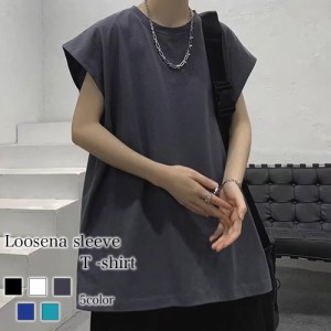 Tシャツ メンズ ルーズノースリーブTシャツ 7分袖 ゆったり 薄手 Vネック オシャレ ブラック ジャケット ロング ブランド ワッフル 涼し