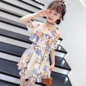 子供服 ワンピース 夏 女の子 キッズワンピース 半袖 シフォンワンピース 花柄 肩出し チュニック 子供ドレス ジュニア お姫様 おしゃれ