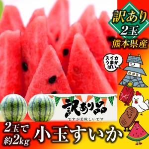 熊本県産 “小玉すいか” 訳あり商品 2玉（Sサイズ以上 合計約2ｋg） 産地直送 小玉スイカ 家庭用 贈答不可 規格外 フルーツ 果物