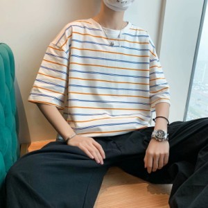 Tシャツ 半袖 メンズ 五分丈袖 ストライプ 半袖Tシャツ ゆったり 夏Tシャツ クルーネック カットソー 5分丈袖Tシャツ 色切り替え