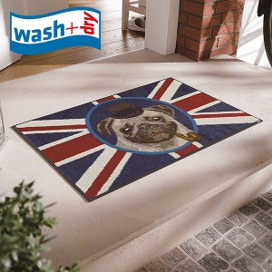 玄関マット wash+dry G016A British Pug 50×75cm 柄物 おしゃれ 滑り止めラバーつき(代引不可)【送料無料】