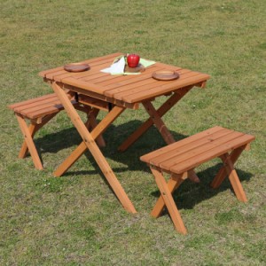 ガーデンテーブルセット 3点セット BBQテーブル&ベンチセット 幅62cm テーブル ベンチ2台 セット 天然木 パラソル用穴付 ガーデンファニ