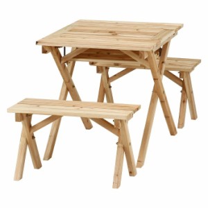 ガーデンテーブルセット 3点セット BBQテーブル&ベンチセット 幅62cm テーブル ベンチ2台 セット 天然木 パラソル用穴付 ガーデンファニ