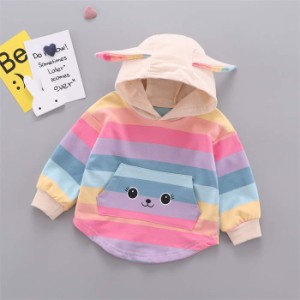 ベイビー服  Tシャツ 女の子 長袖 子供服 春服 トップス キッズTシャツ 子ども服  韓国風 シンプル ストライプ フード付く 耳付く 