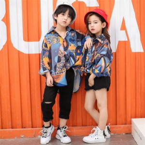 韓国風シャツ 男女兼用 ダンスシャツ 女の子 男の子 ダンス衣装 花柄 キッズ服 ヒップホップ ジャズダンス トップス 長袖 子供服 