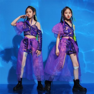 【短納期】女の子 セットアップ 子供服 ヒップホップ ジャズダンス ダンス服 ダンス着 ステージ トップス ショートパンツ スパンコール 2