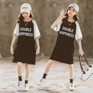 韓国子供服 女の子 ワンピース レジャー 夏着 Tシャツワンピ 切り替え 膝丈上 夏ワンピ 半袖 英文柄 キッズ 通学着