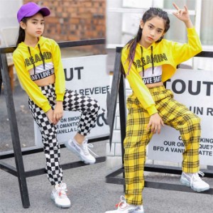 ダンスウェア 女の子 ダンス衣装 ヒップホップ HIPHOP セットアップ Tシャツ チェックパンツ スウェット チェック柄 キッズ かっこいい 