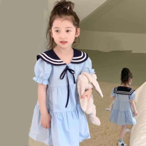 子供ワンピース セーラー風 半袖 女の子 キッズワンピース ジュニアワンピース キッズワンピ 子供服 ワンピース リボン付き 制服 