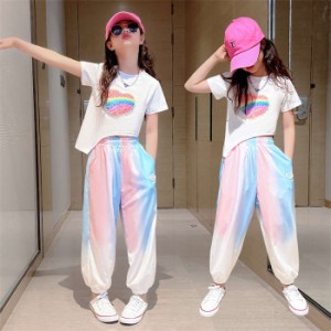 韓国子供服 女の子 Tシャツ 長ズボン ダンス衣装 ロングパンツ トップス 上下セット ダンスウェア 丸首 半袖 ヒップホップ