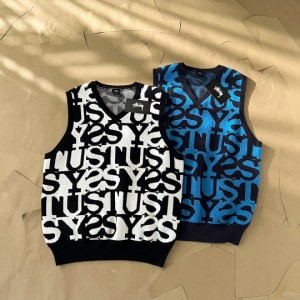 StussyステューシーFw23 STACKED SWEATER VEST色をつけたアルファベットジャカードVネックベストニットセーターベストは男女ともに同じで