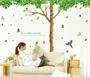 ウォールステッカー おしゃれ 大樹と蝶々 木 花 植物 グリーン 緑 春 壁飾り wallsticker 北欧 インテリア シール 壁紙 シール オシャレ 