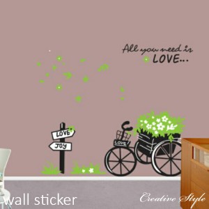 ウォールステッカー ロマンチック サイクリング 木 花 植物 グリーン 緑 壁飾り インテリア 壁紙 シール 北欧 オシャレ diy 壁紙 身長計 