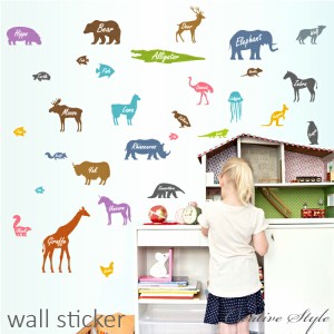 ウォールステッカー Animal English 子供部屋 動物 誕生日 壁飾り wallsticker diy 壁紙 シール 可愛い 木 身長計 北欧 アニマル 窓 英字