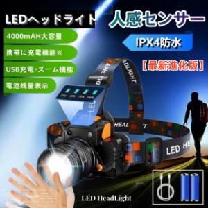 ヘッドライト LEDライト 【最新進化版】センサー機能 高輝度 3モード USB充電式 防水 電池残量表示 防災用 アウトドア キャンプ 登山  