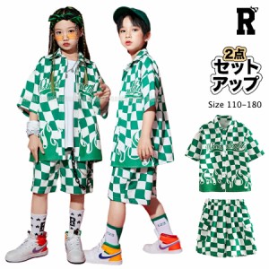 キッズダンス衣装 セットアップ グリーン チェッカー 柄 ハーフパンツ 半袖 シャツ 緑 ガールズ ヒップホップ hiphop kpop 韓国 ストリー