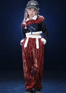 キッズダンス衣装 スパンコール キラキラ レッド 赤 セットアップ ガールズ ヒップホップ ロングパンツ hiphop kpop 韓国 子供 子ども 女