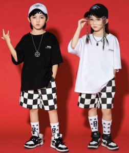 キッズダンス衣装 ハーフパンツ チェッカー 白黒 おしゃれ ヒップホップ hiphop kpop  韓国 ホワイト ブラック チェック ストリート 子供