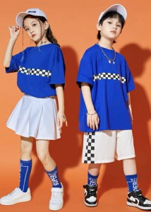 キッズダンス衣装 セットアップ 青 ブルー  ヒップホップ 半袖 tシャツ ハーフパンツ スカート チェッカー 子供 kpop 韓国 ストリート hi