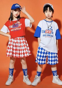 キッズダンス衣装 セットアップ 青 ブルー 赤 レッド ヒップホップ 半袖 tシャツ ハーフパンツ スカート チェッカー 子供 kpop 韓国 スト