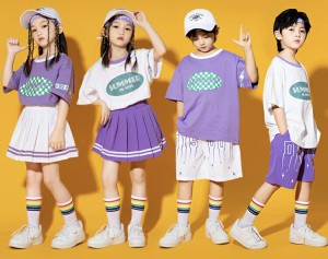 キッズダンス衣装 セットアップ パープル 紫 ヒップホップ 半袖 tシャツ ハーフパンツ スカート 子供 kpop 韓国 ストリート hiphop 子供