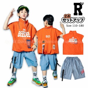 キッズダンス衣装 セットアップ ヒップホップ デニム ストリート ノースリーブ ハーフパンツ トップス オレンジ シャツ ハイネック 子供 