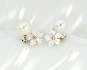 ピアス　ダイヤモンド　あこや　本真珠　パール　0.06ct　5mm　10金　ホワイトゴールド　ピンクゴールド　K10　WG　PG　フラワー　花　レ