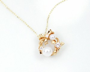 ペンダント　ネックレス　ダイヤモンド　パール　0.046ct　4mm　2.5mm　10金　ホワイトゴールド　ピンクゴールド　K10　WG　PG　リボン　