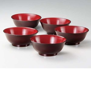 北市漆器　KZ2470　レンジ刷毛目ラーメン鉢揃(溜内朱)(5)　5セット　【お取寄せ商品】【お椀・鉢】