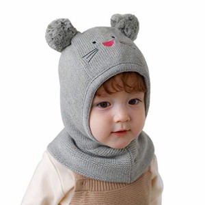 グレー_L [コネクタイル] 赤ちゃん 幼児 キッズ ニット帽子 可愛い フードウォーマー ベビー用ハット 耳あて 暖かい 耳保護付き 帽子 子