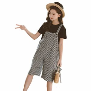 1-ブラック_120 [VIISEN] 子供服 女の子 2点セット スーツキャミ ワンピース 半袖 Tシャツ チェック サスペンダーパンツ 日常 カジュアル